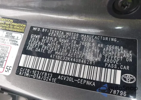 2004 Toyota Camry Le from USA, damaged, VIN 4T1BE32K44U846281